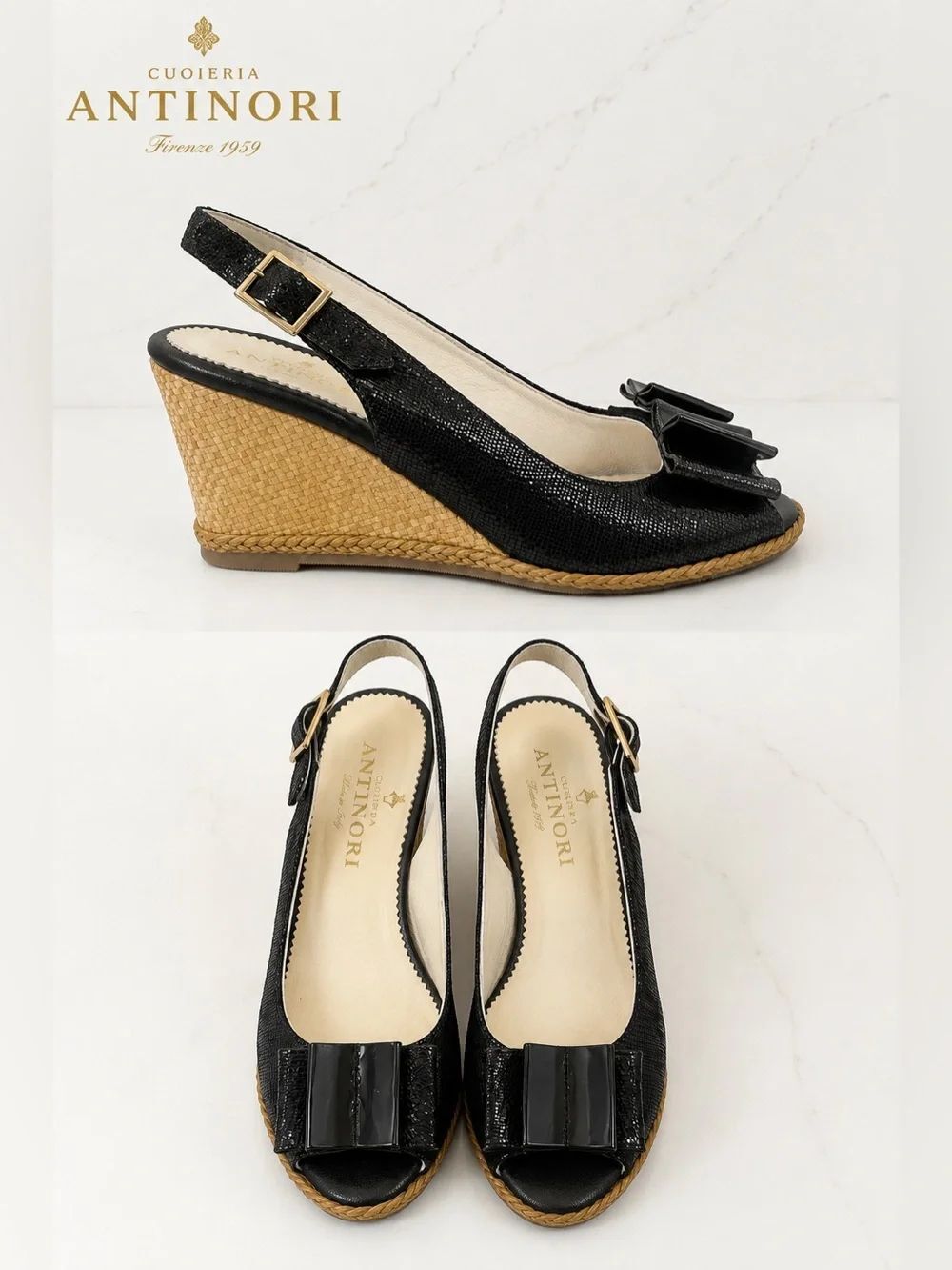 Cuoieria Antinori Black Raffia Wedge Slingback Sandals | Patent Bow | EU 38